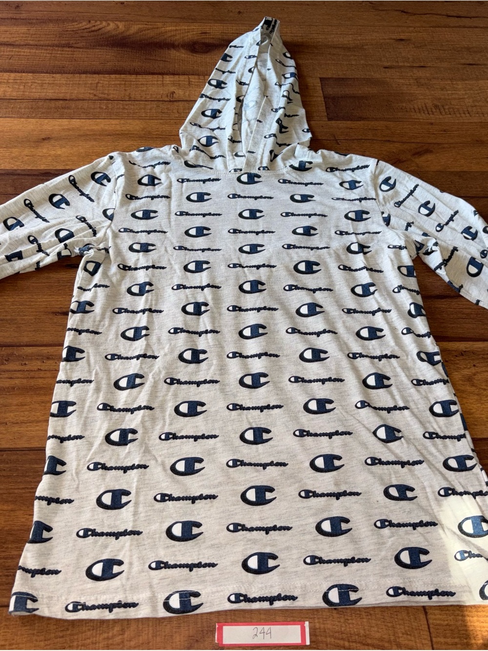 Champion Boys Heather Grey All-Over Logo Print Lightweight Hoodie Size L (12/14)